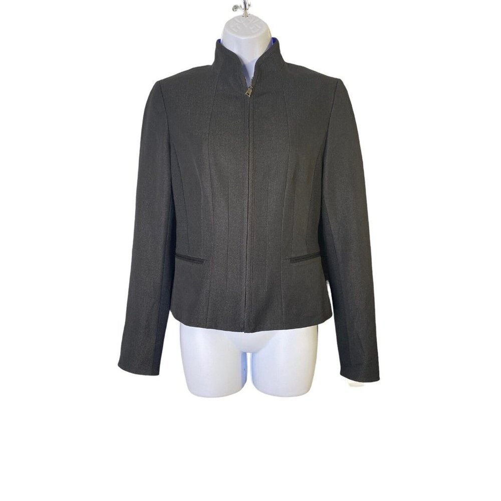 Tahari Womens Full Zip Blazer Jacket Dark Gray Front Pockets Size 4
